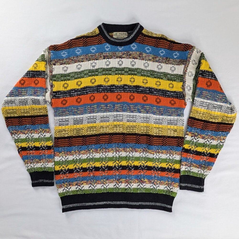 VTG Colorful Knit 3D Textured Print Stripe Grandpa Sweater